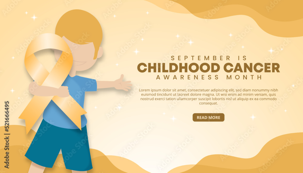 September is childhood cancer awareness day background with a child holding a yellow ribbon - obrazy, fototapety, plakaty 