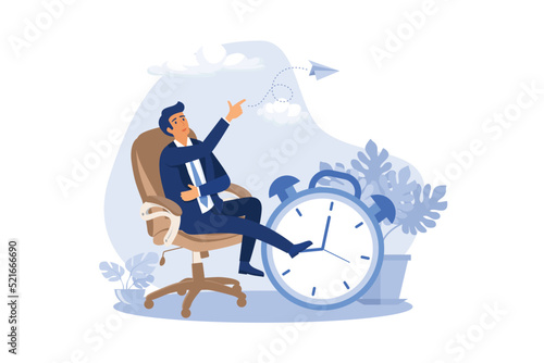 Productivity and efficiency in work, procrastination or time management or project deadline, best performance employee concept, smart relax businessman sitting on alarm clock launching paper airplane.