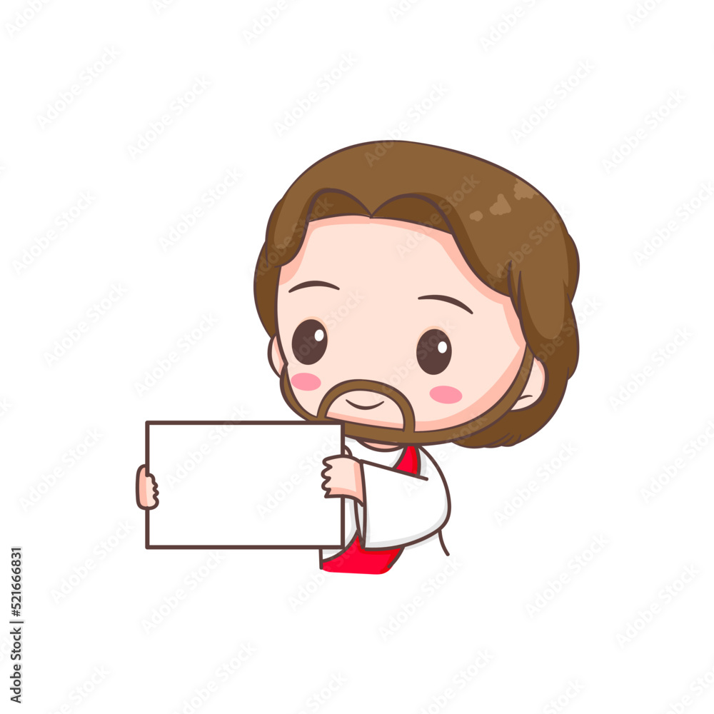 Cute Jesus holding empty board. Chibi cartoon character isolated white background. Cute Jesus holding empty board. Chibi cartoon character isolated white background.