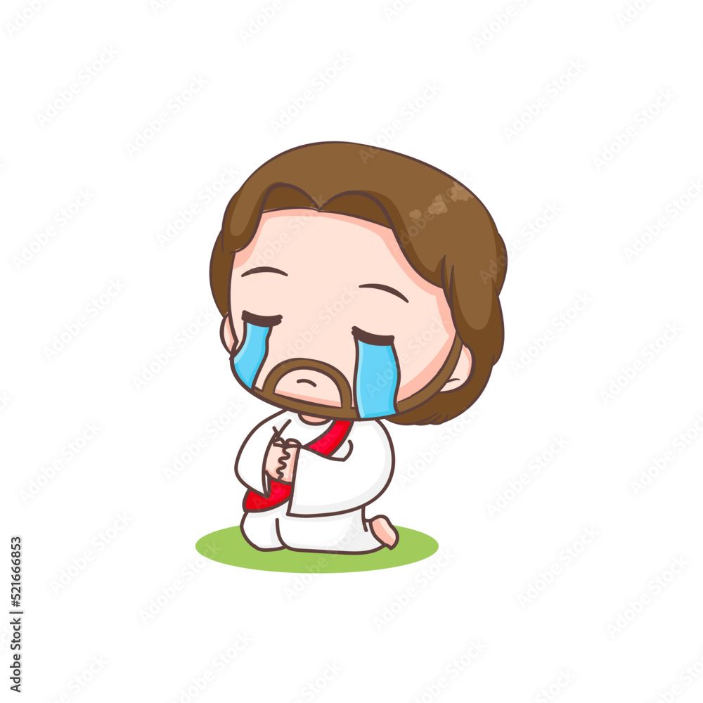 Cute Jesus kneeling and praying. Chibi cartoon character isolated white background. Cute Jesus kneeling and praying. Chibi cartoon character isolated white background.