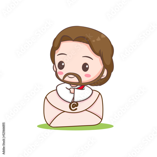 Cute Jesus with envelope. Chibi cartoon character isolated white background.