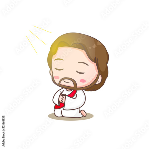 Cute Jesus kneeling and praying. Chibi cartoon character isolated white background.