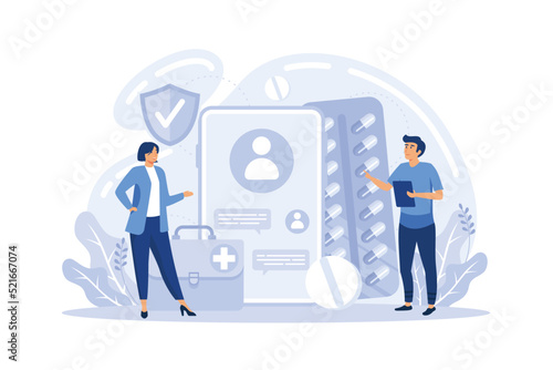 Pharmacy medication concept, online drugstore consultation and pills prescription, vector illustration. Tiny people with medical drugs and bottles, pharmacist assistant, medicine prescription online