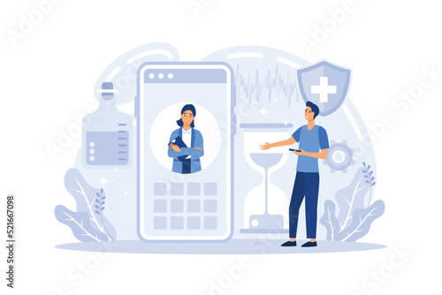Pharmacy medication concept, online drugstore consultation and pills prescription, vector illustration. Tiny people with medical drugs and bottles, pharmacist assistant,