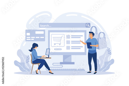 Supply online service or platform. B2B idea, global logistic and transportation service. Company as a customer. Online procurement. Flat vector illustration