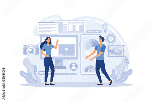 Design and programming banner, web landing page, advertisement. Designers working on ui ux design or mobile application. Studio or agency prototyping or coding web page or mobile app.