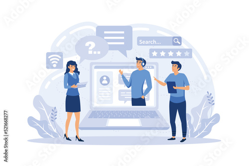 Concept customer and operator, online technical support 24-7 for web page. male hotline operator advises client. Online assistant, virtual help service for business.