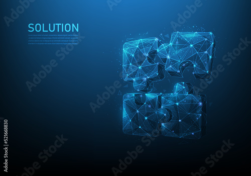 3d puzzle pieces business low poly digital. jigsaw game connection success wireframe. problem solution concept. business partnership and teamwork. creative idea puzzle symbol. vector illustration. photo