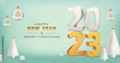 Happy new year 2023 holiday. Numbers 2023 with white fur Christmas trees on blue background. Trendy Xmas background with glass balls, glitter golden confetti.