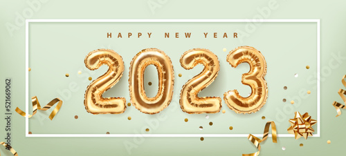 2023 golden decoration holiday on green background. Shiny party background. Gold foil balloons numeral 2023 with realistic festive objects. Happy new year 2023 holiday.