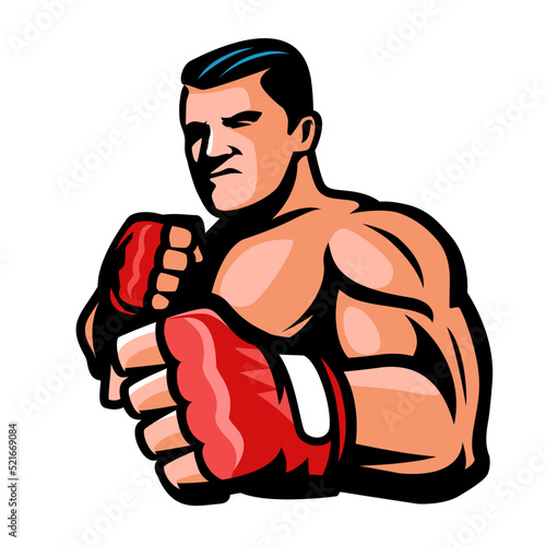 Fighter boxer with fists isolated. Fight club, boxing, kickboxing, strength sport emblem or logo. Vector illustration