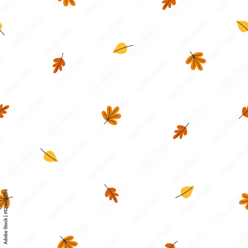 Hand drawn cute autumn seamless pattern with forest leaves. Flat vector Halloween and Thanksgiving print design in doodle style. Repeated background fall harvest wrapping or wallpaper.
