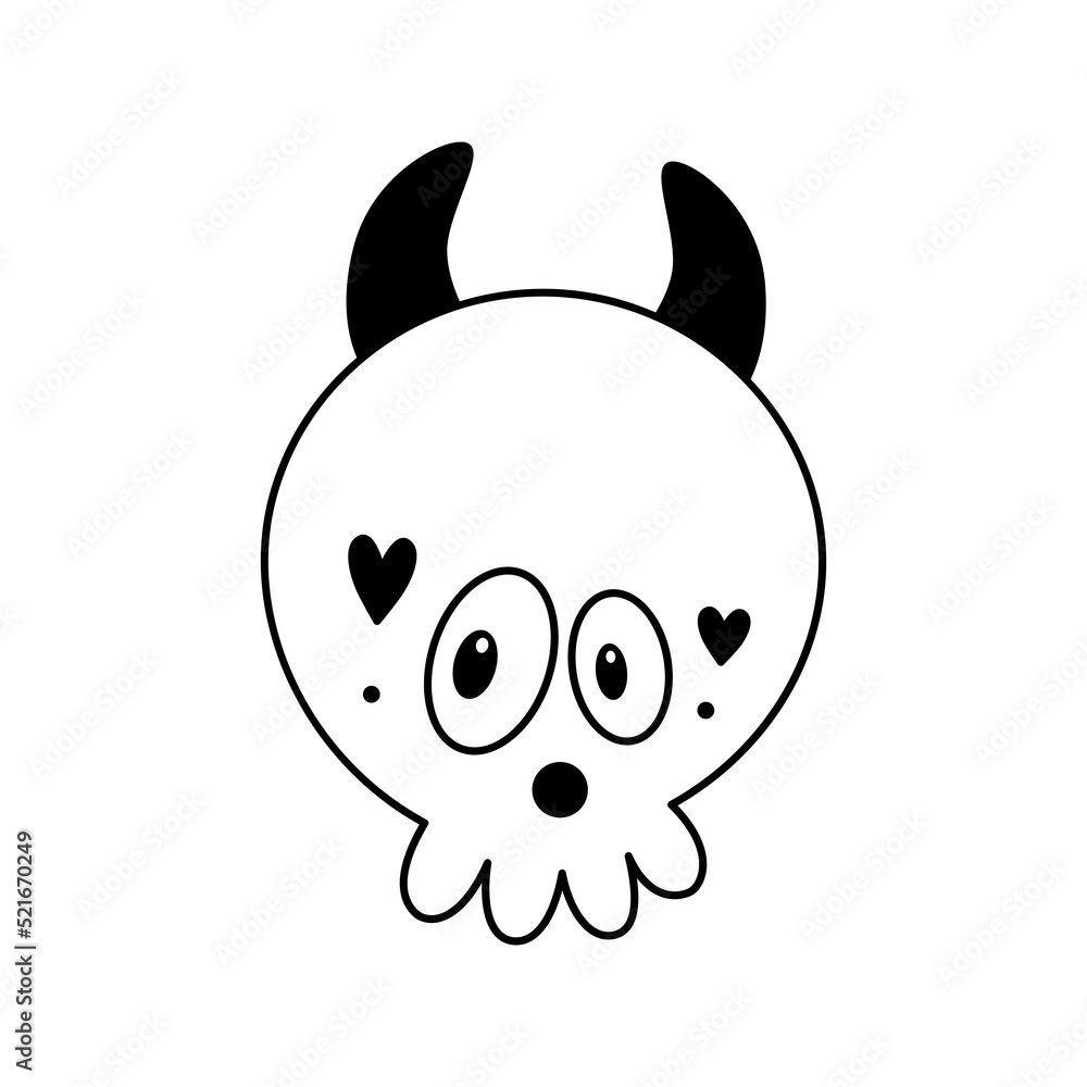 Doodle halloween cute skull with devil horns.Kid festive cartoon clipart.Outline.Sketch.Isolated on white background.