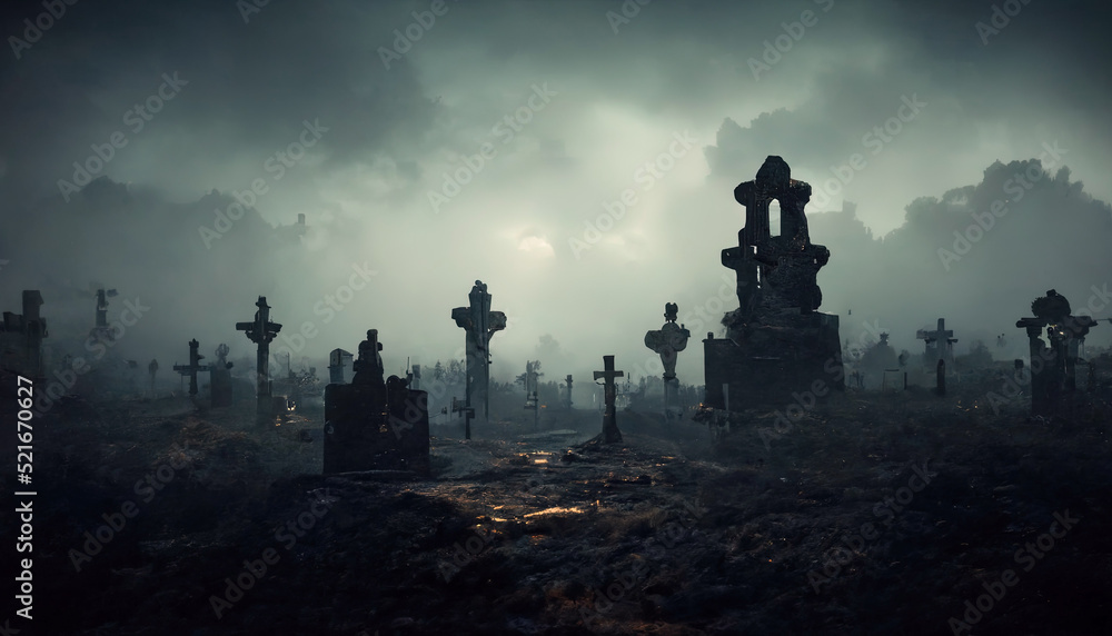 Gloomy night cemetery, stone monuments. Sky with clouds, fog. Dramatic scene for Halloween background. 3D illustration
