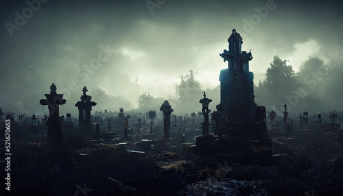 Gloomy night cemetery, stone monuments. Sky with clouds, fog. Dramatic scene for Halloween background. 3D illustration