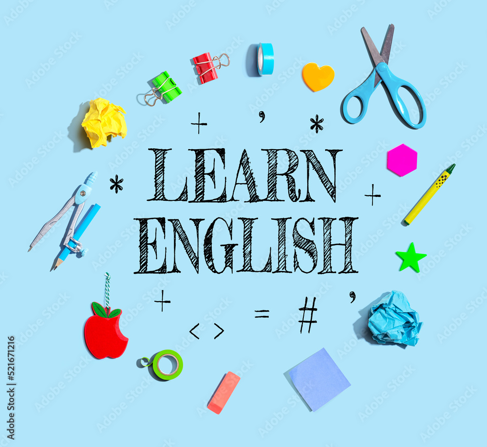 Learn English Theme With School Supplies Overhead View Flat Lay Stock Learn English Theme With School Supplies Overhead View Flat Lay Stock