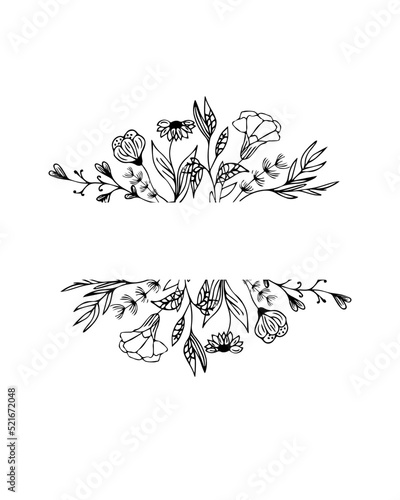 floral frame for invitation, greeting or decoration, flowers, grass, leaves, twigs. Made in the style of line art, outline. Handmade