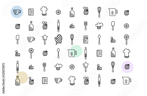 Collection of culinary vector icons. Confectioner icons: whisk, cup, mixer, piping bag, cupcake, cupcake, cake, lollipop, flour, chef's hat, potholder, measuring cup. Culinary illustrations.
