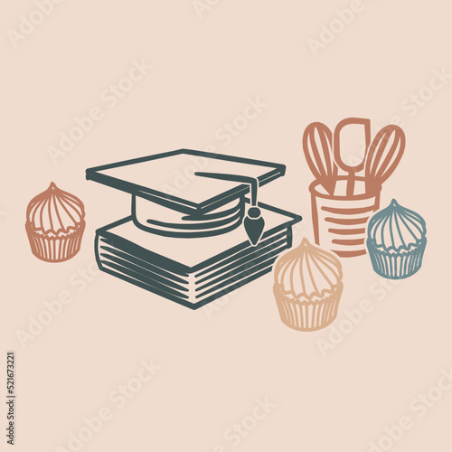 Recipes, culinary training. Confectionery illustration. Confectioner's tools. Vector illustration of books, cupcakes, confectioner's tools. Culinary education. Books, muffins, graduation cap.