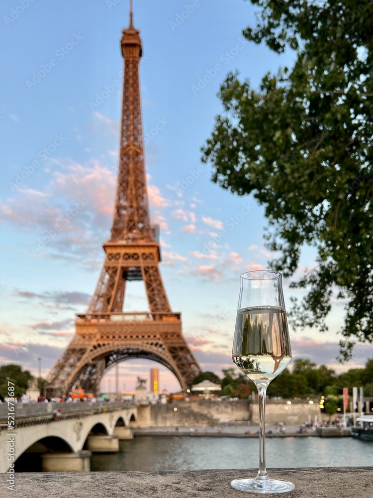Glasses of champagne in the tower background 
