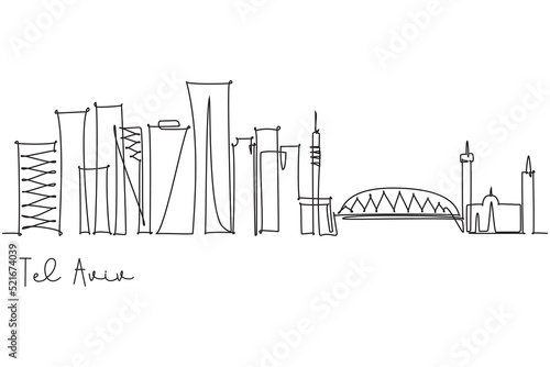 Tel Aviv city skyline simple single continuous line drawing. Travel destination and tourism holiday trip design concept.