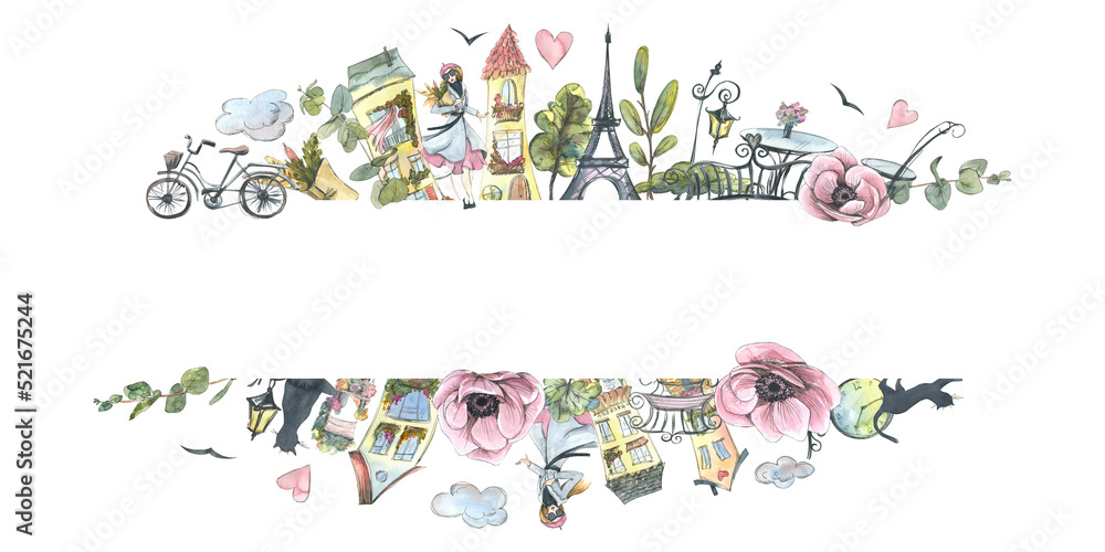 Horizontal frame with cute houses, Eiffel Tower, flowers and a panorama of the city. Watercolor illustration with sketch-style graphic elements. From a large set of PARIS. For decoration and design.