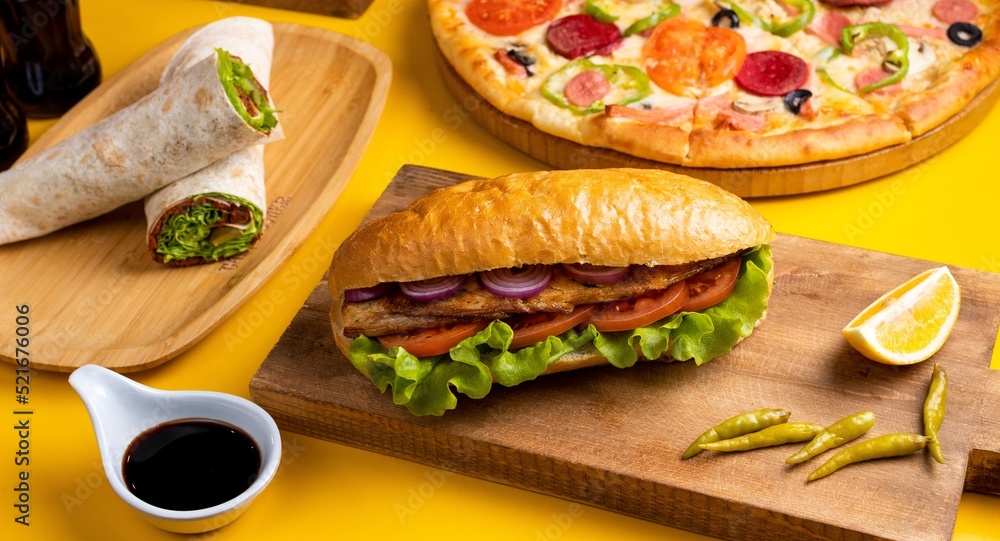 Doner Fish Fish doner kebab, pizza and durum kebab top view foto de Stock | Adobe ...