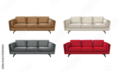 Set of realistic colorful sofas. Collection of 3d red, black, white and brown sofa on white background. Interior objects. Vector illustration