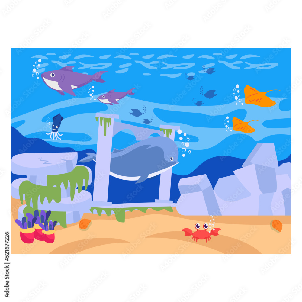 Naklejka premium Coral reef ocean underwater concept, Aquarium, undersea cave, deep ocean bottom landscape vector icon design, wildlife seabed scenery symbol, Tropical Sea Under Water Surface stock illustration, 