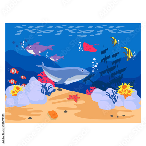 Fototapeta Naklejka Na Ścianę i Meble -  sea stars and fish with Seaweeds and stones undersea plants concept vector icon design, wildlife seabed scenery symbol, Tropical Sea Under Water Surface stock illustration, 
