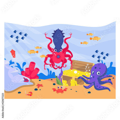 octopus with yellow treasure box on seabed concept   undersea world with different inhabitants vector icon design  wildlife Scenery symbol  Tropical Sea Under Water Surface stock illustration