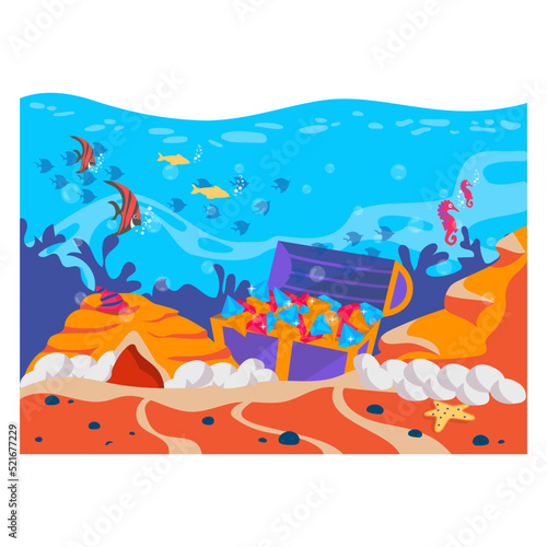 Treasure Box and Cave in Deep Sea Scene Concept, Print for children underwater vector icon design, wildlife seabed scenery symbol, Tropical Sea Under Water Surface stock illustration, 