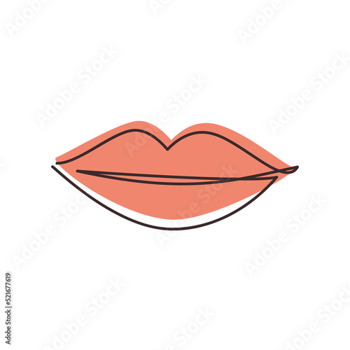Vector lips continuous one line drawing illustration. Female hand drawn mouth linear silhouette icon. Minimal design element for print, banner, Valentine’s card, wall art poster, brochure, postcard.