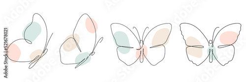 Butterfly continuous one line  drawing set. Linear art butterfly flying with abstract pastel color shapes collection. Vector isolated on white. photo