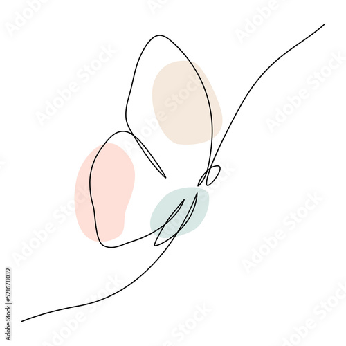 Butterfly continuous one line drawing. Linear art butterfly flying with abstract pastel color shapes. Vector isolated on white.