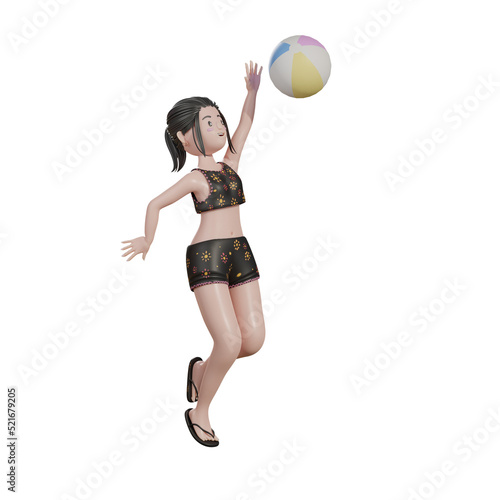 Female playing ball in the beach, summer 3d Illustration