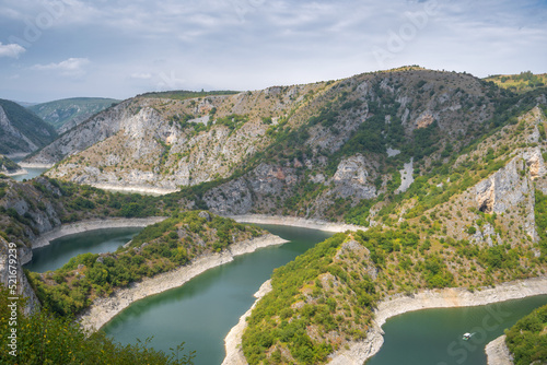 Meanders at rocky river Uvac gorge on sunny day, southwest Serbia.