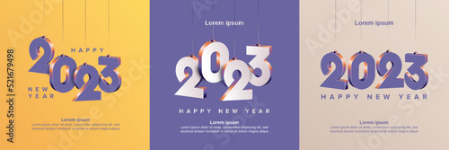 Happy new year 2023 square template with 3D hanging number. Greeting concept for 2023 new year celebration 