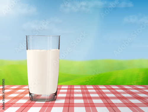 Glass of milk on checkered tablecloth with blurred landscape on background. Cow milk in glass cup against meadow and sky. Vector image for milk, food service, dairy, beverages, gastronomy, health food