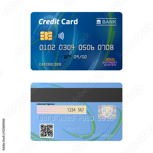Contactless bank credit card, front and back view. Payment debit card with chip isolated on white background. Vector image for banking, financial industry, economy, payment system, shopping, etc