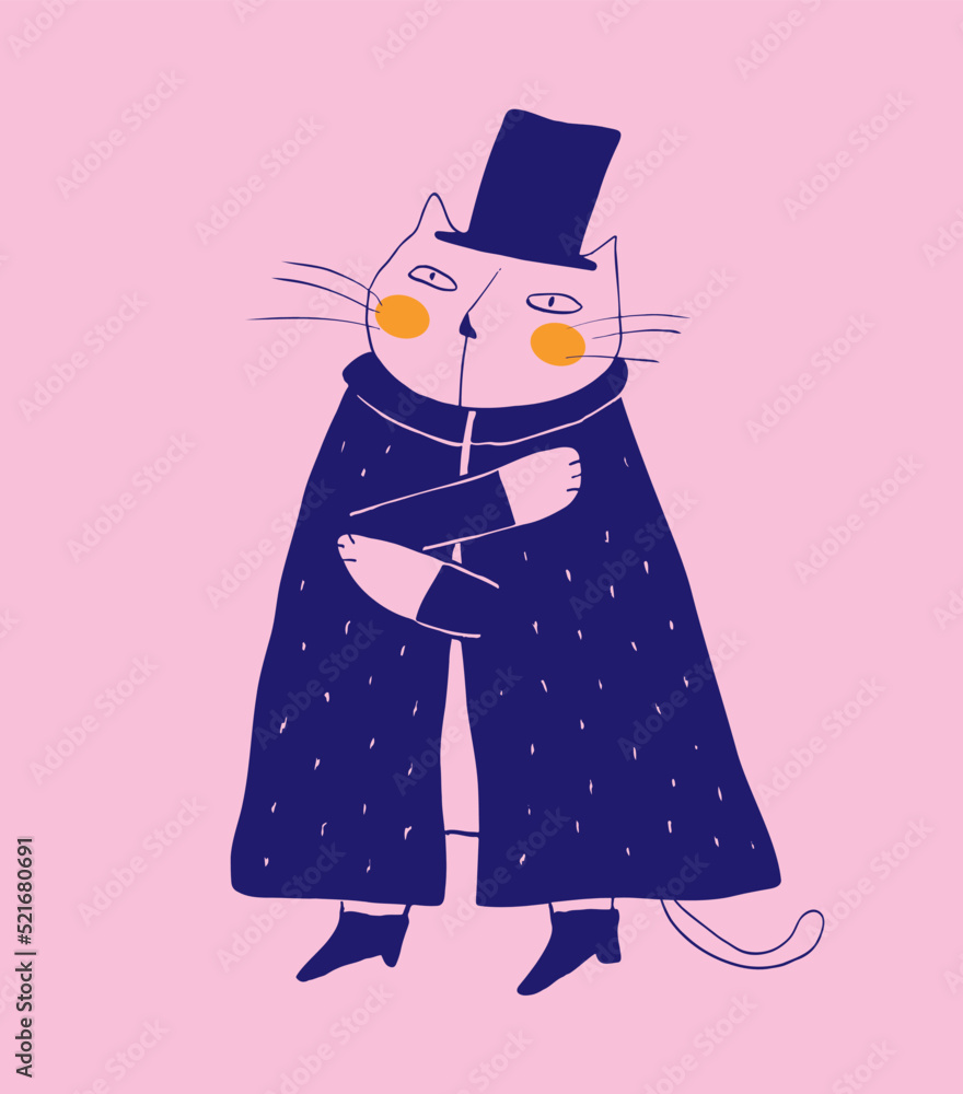 Funny Vector Illustration with Gentleman Cat in a Top Hat and Wrap-up Isolated on a Pink Background. Simple Infantile Style Print with Funny Hand Drawn Cat ideal for Card, Poster, Wall Art. Funny Vector Illustration with Gentleman Cat in a Top Hat and Wrap-up Isolated on a Pink Background. Simple Infantile Style Print with Funny Hand Drawn Cat ideal for Card, Poster, Wall Art.