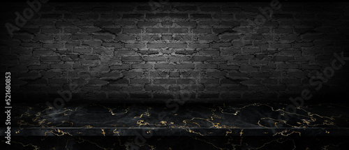 Panel kuchenny z motywem empty marble black and gold shelves and cement wall