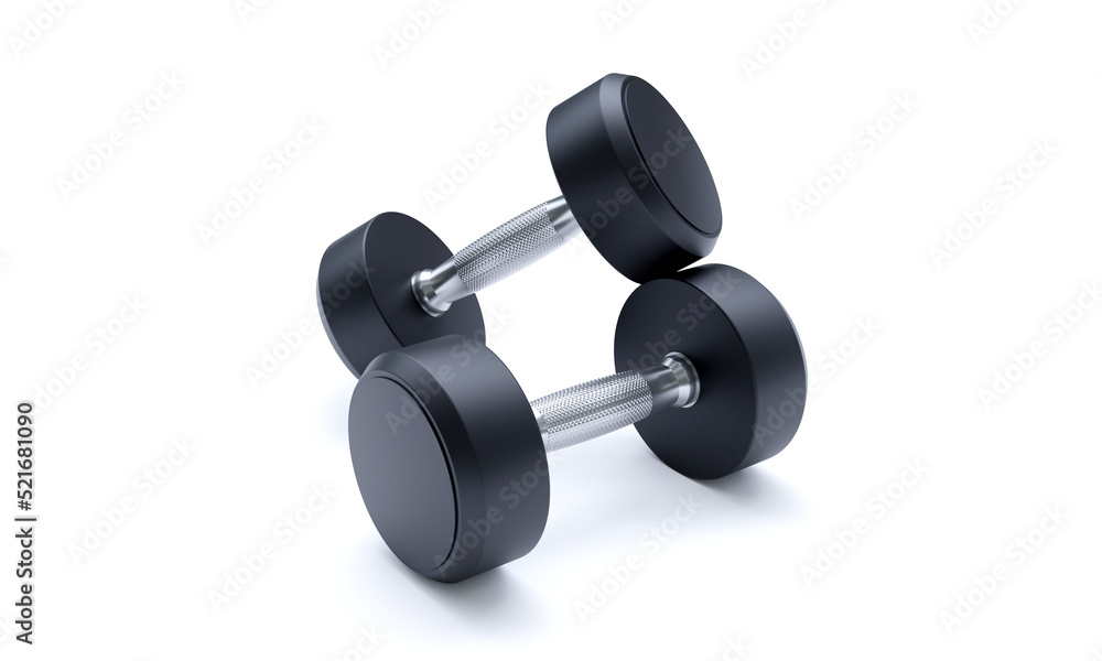 Dumbbells isolated on white background, gym equipment, stainless steel and rubber coated. 3D Rendering Dumbbells isolated on white background, gym equipment, stainless steel and rubber coated. 3D Rendering