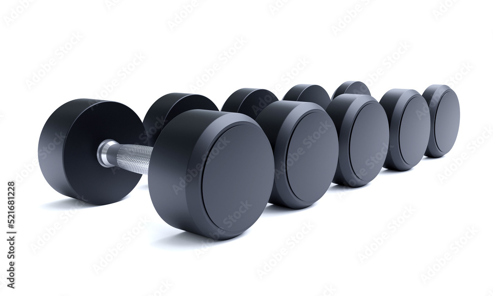 Dumbbells isolated on white background, gym equipment, stainless steel and rubber coated. 3D Rendering Dumbbells isolated on white background, gym equipment, stainless steel and rubber coated. 3D Rendering