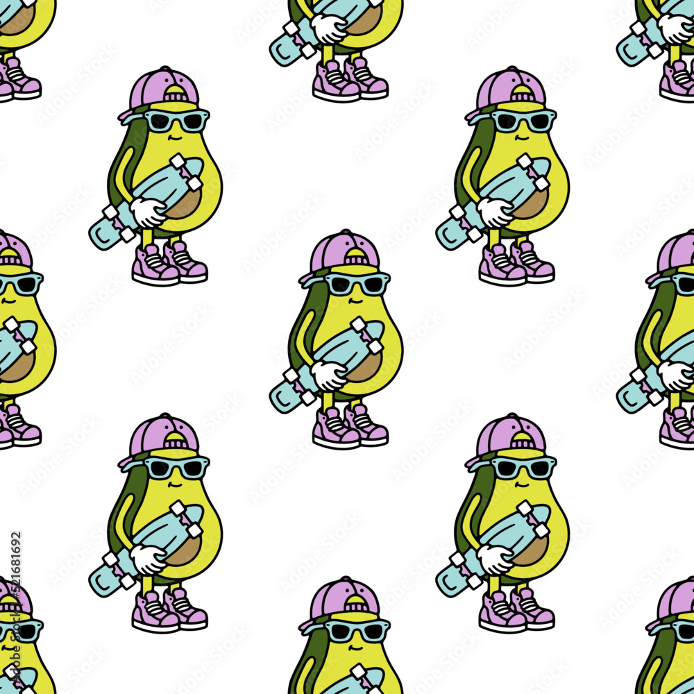 color avocado with a skateboard in sneakers seamless pattern on a white background