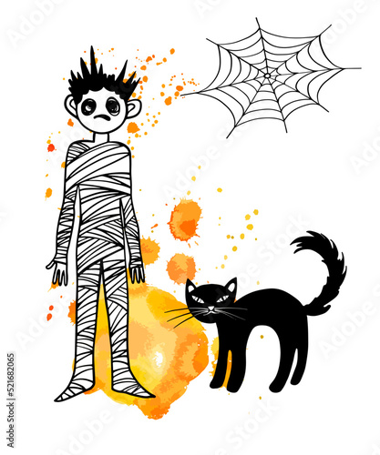 Halloween Mummy Monster and Black Cat with spider web. Hand drawn sketch style. Ink drawing. Blobs watercolor background. Vector Halloween illustration.