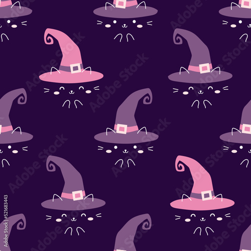 Seamless pattern witch hat with cute cat face. Halloween party. Vector illustration. Design for wallpaper, textile and background