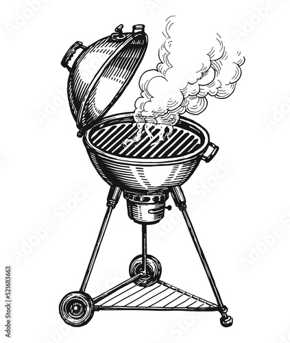 BBQ grill. Charcoal barbecue brazier with smoke. Kebab, grilled food concept. Sketch vector illustration isolated