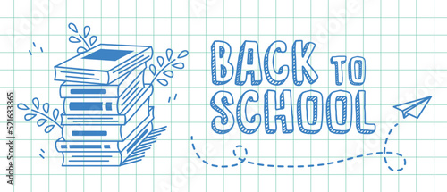 Welcome back to school vector background. Cute hand drawn wallpaper with stack of books and paper airplane in doodle style. Adorable banner design for education, prints, covers, kids.