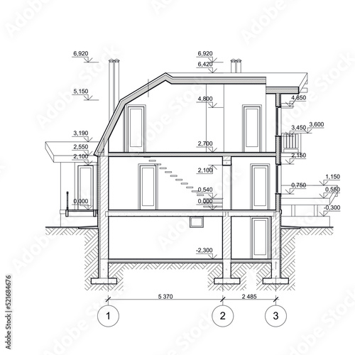 Detailed architectural technical drawing of a private building, vector blueprint